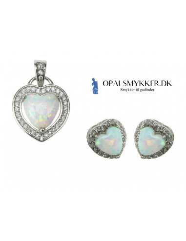 Hjerte - Hvid Sne Opal Smykkesæt med øreringe og vedhæng med hvid sne opal sten, 925 Sterling sølv, zirkonia & rhodium belægning