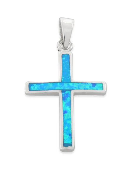 Kors - Opal smykke vedhæng med blå opal sten, 925 Sterling sølv & rhodium belægning