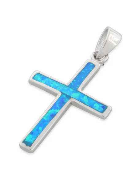 Kors - Opal smykke vedhæng med blå opal sten, 925 Sterling sølv & rhodium belægning