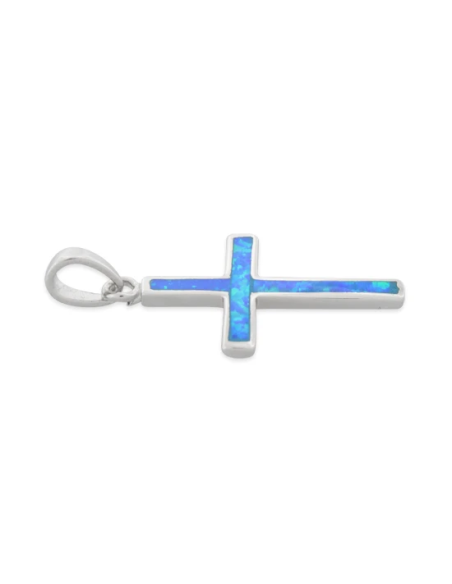 Kors - Opal smykke vedhæng med blå opal sten, 925 Sterling sølv & rhodium belægning
