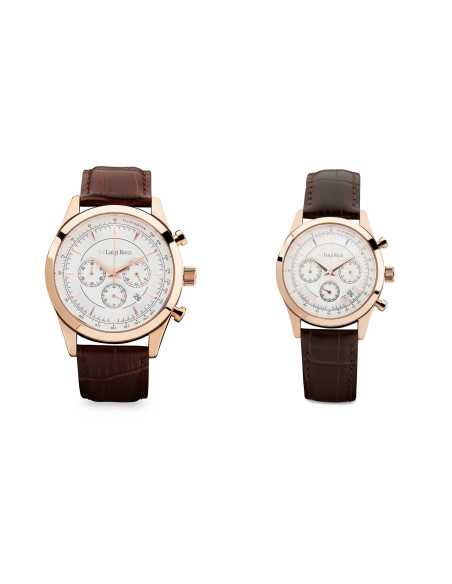 Luigi Ricci Eleganza X10 & X11 gavesæt (Chronograph Armbånds ure til mænd & kvinder) med rosa guld og læder rem