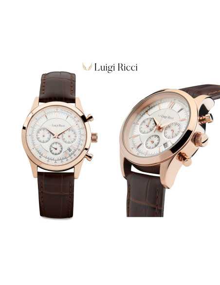 Luigi Ricci Eleganza X10 & X11 gavesæt (Chronograph Armbånds ure til mænd & kvinder) med rosa guld og læder rem