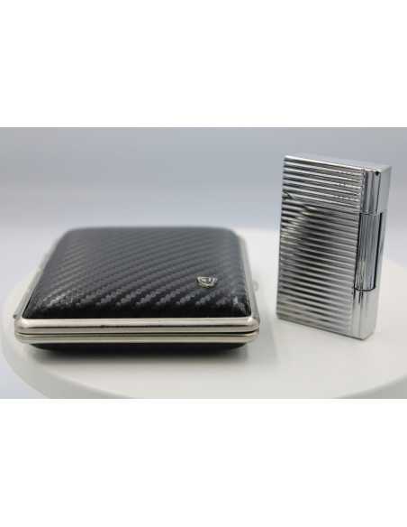 Pakketilbud med Jean Claude Flint Lighter "Dustin" Sølv + Vom Hofe cigaretetui i sort/sølv i ægte læder