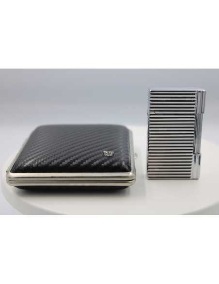 Pakketilbud med Jean Claude Flint Lighter "Dustin" Sølv + Vom Hofe cigaretetui i sort/sølv i ægte læder